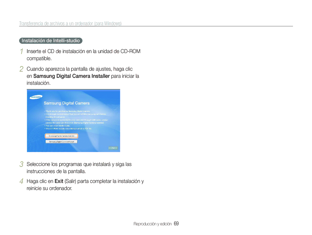 Samsung EC-PL100ZBPBE1 manual Transferencia de archivos a un ordenador para Windows, Instalación de Intelli-studio 