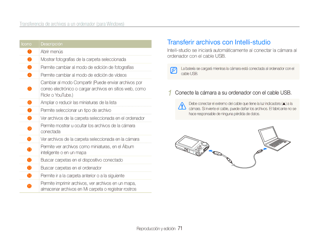 Samsung EC-PL101ZBDSE1 Transferir archivos con Intelli-studio, Conecte la cámara a su ordenador con el cable USB, Icono 