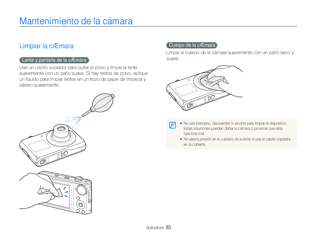 Samsung EC-PL101ZBDSE1 Mantenimiento de la cámara, Limpiar la cámara, Lente y pantalla de la cámara, Cuerpo de la cámara 