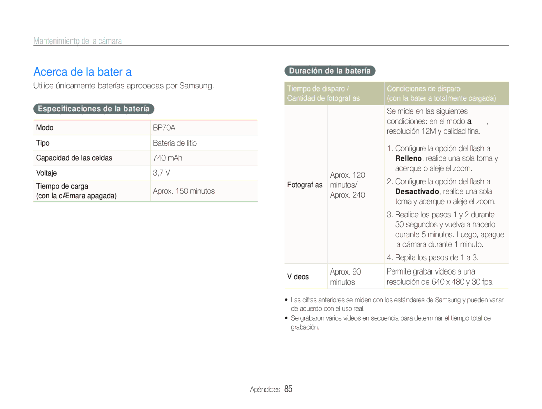 Samsung EC-PL100ZBPBZA, EC-PL101ZBDSE1 manual Acerca de la batería, Especiﬁcaciones de la batería, Duración de la batería 