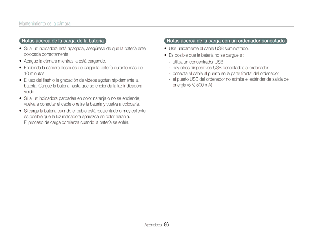 Samsung EC-PL100ZBPBGB manual Notas acerca de la carga de la batería, Notas acerca de la carga con un ordenador conectado 