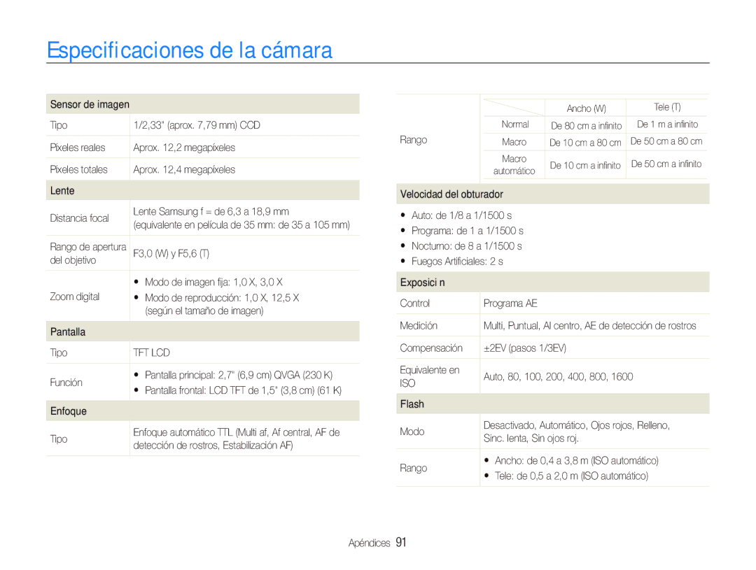 Samsung EC-PL100ZBPBZA, EC-PL101ZBDSE1, EC-PL100ZBPSE1, EC-PL100ZBPBGB, EC-PL100ZBPBE1 manual Especiﬁcaciones de la cámara 