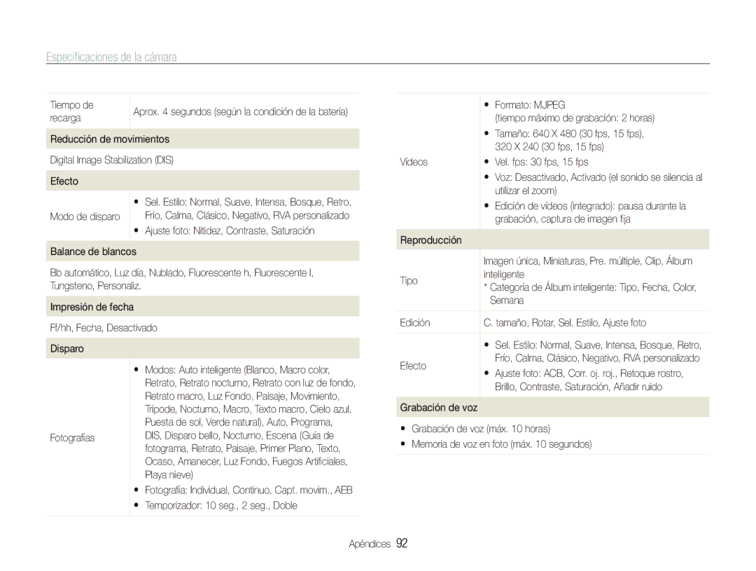 Samsung EC-PL100ZBPBGB, EC-PL101ZBDSE1, EC-PL100ZBPSE1, EC-PL100ZBPBZA, EC-PL100ZBPBE1 manual Especiﬁcaciones de la cámara 