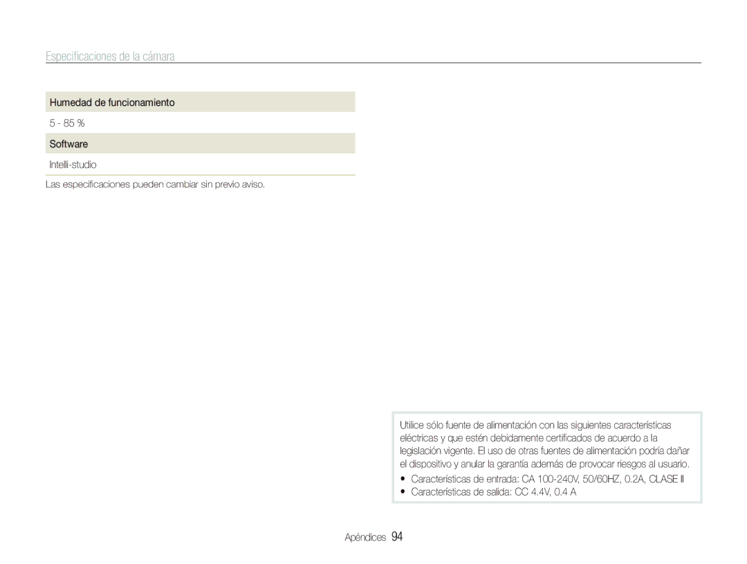 Samsung EC-PL101ZBDBE1, EC-PL101ZBDSE1, EC-PL100ZBPSE1 manual Humedad de funcionamiento 85 % Software Intelli-studio 