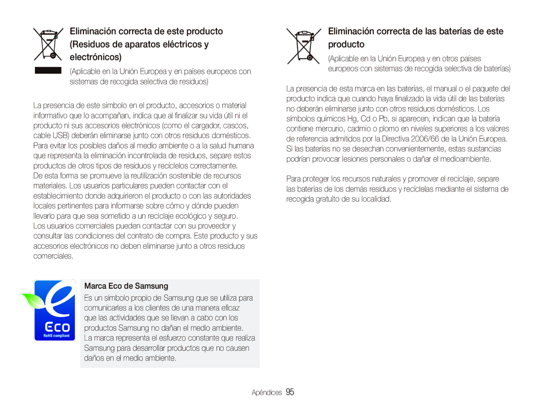 Samsung EC-PL101ZBDSE1, EC-PL100ZBPSE1 manual Eliminación correcta de las baterías de este producto, Marca Eco de Samsung 