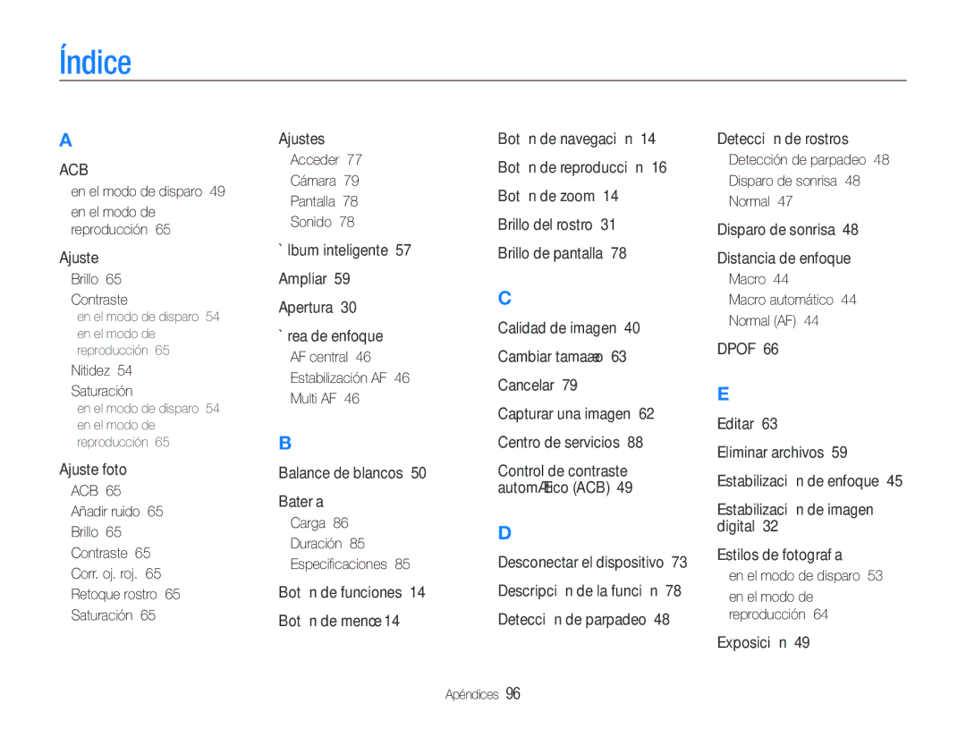 Samsung EC-PL100ZBPSE1, EC-PL101ZBDSE1, EC-PL100ZBPBZA, EC-PL100ZBPBGB, EC-PL100ZBPBE1, EC-PL101ZBDBE1 manual Índice 