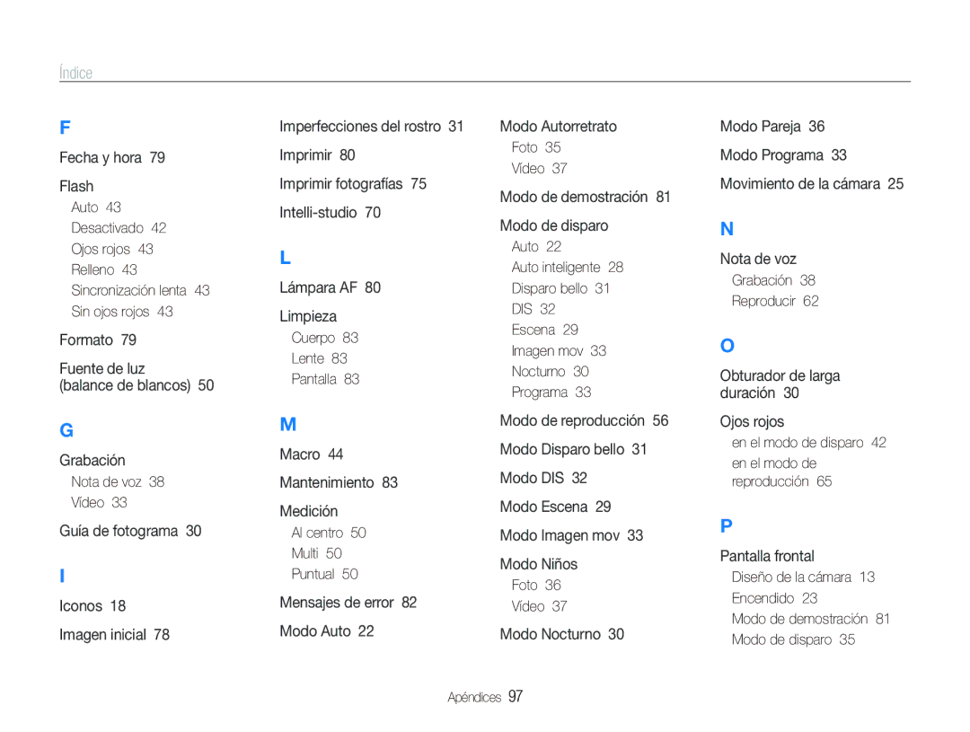 Samsung EC-PL100ZBPBZA, EC-PL101ZBDSE1, EC-PL100ZBPSE1, EC-PL100ZBPBGB, EC-PL100ZBPBE1, EC-PL101ZBDBE1 manual Índice 