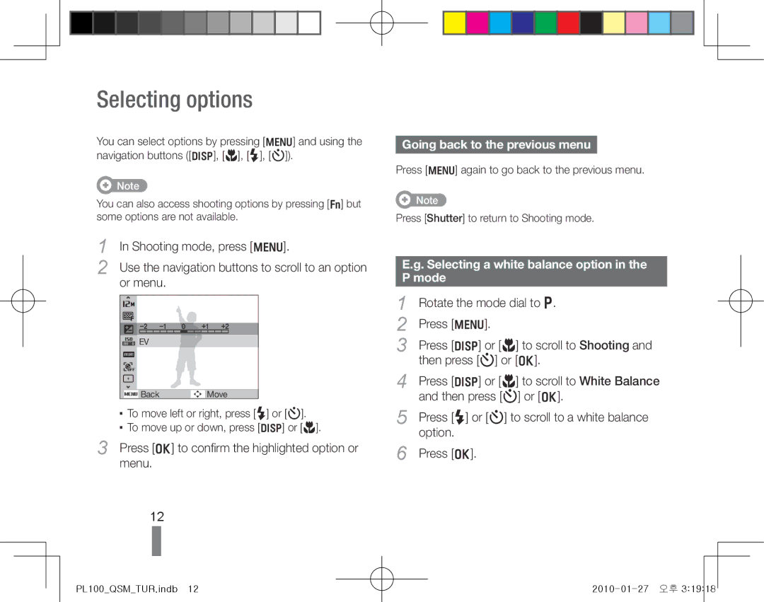 Samsung EC-PL100ZBPEIT Selecting options, Going back to the previous menu, Selecting a white balance option in the P mode 