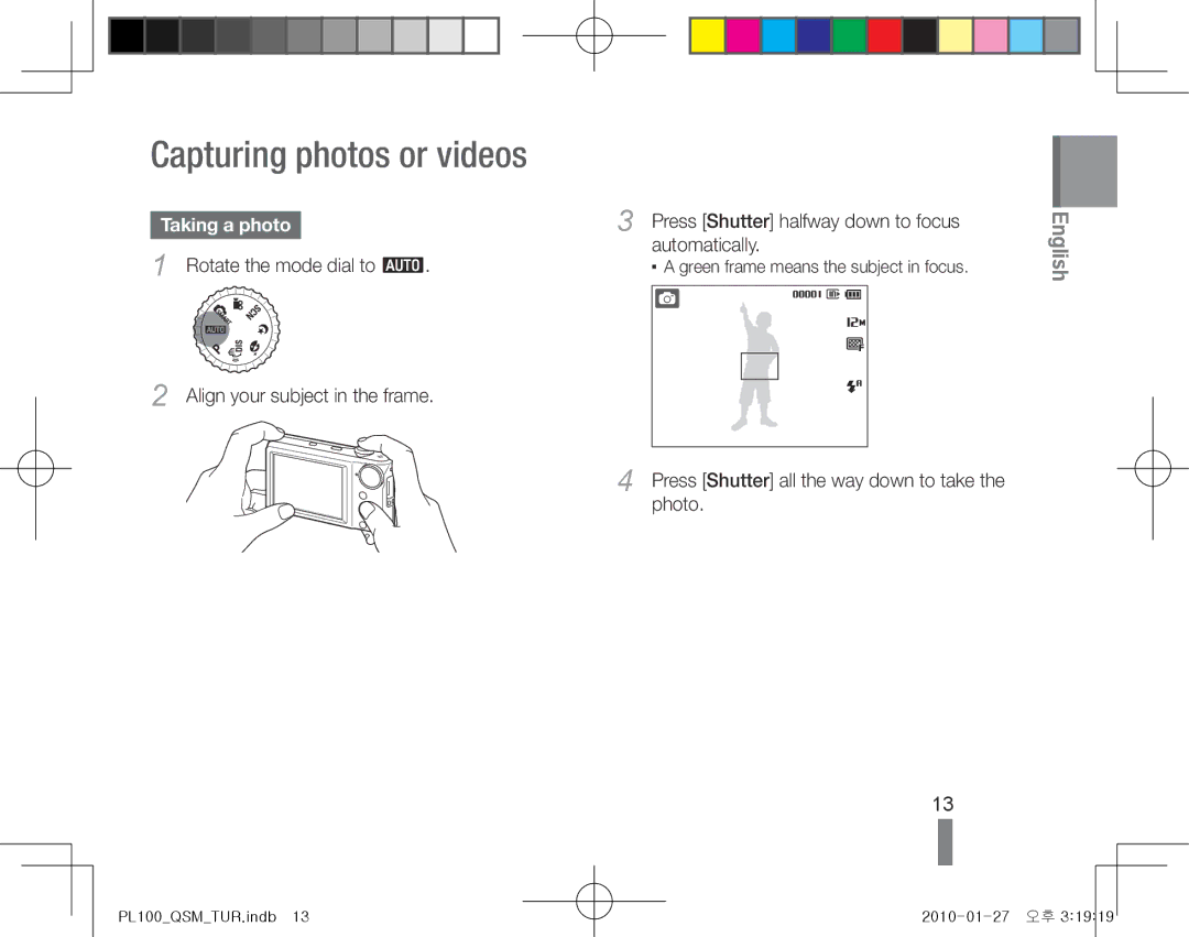 Samsung EC-PL100ZBPBE1, EC-PL101ZBDSE1, EC-PL100ZBPSE1, EC-PL100ZBPBZA manual Capturing photos or videos, Taking a photo 