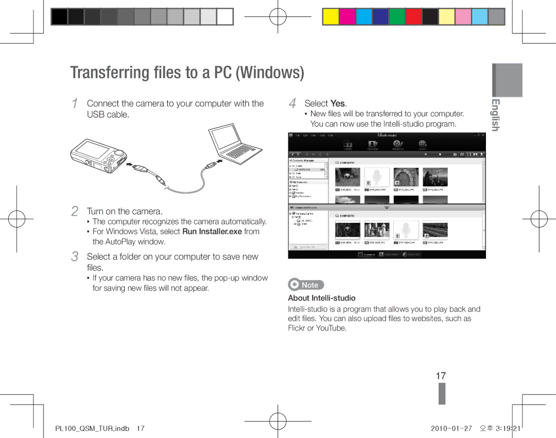 Samsung EC-PL100ZBPSIL Transferring files to a PC Windows, Turn on the camera, You can now use the Intelli-studio program 