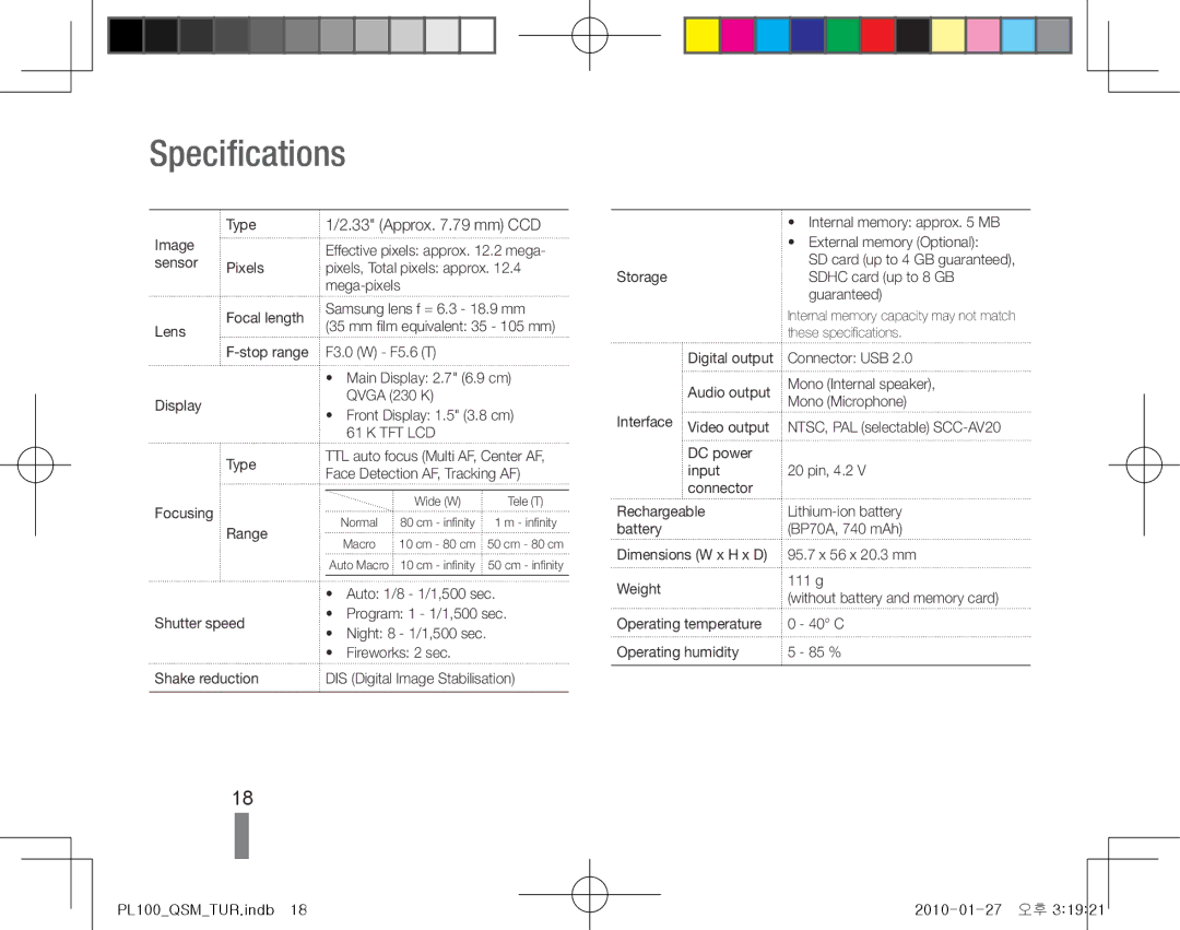 Samsung EC-PL100ZBPVZA, EC-PL101ZBDSE1, EC-PL100ZBPSE1, EC-PL100ZBPBZA, EC-PL101ZBPBE1 manual Specifications, Approx .79 mm CCD 