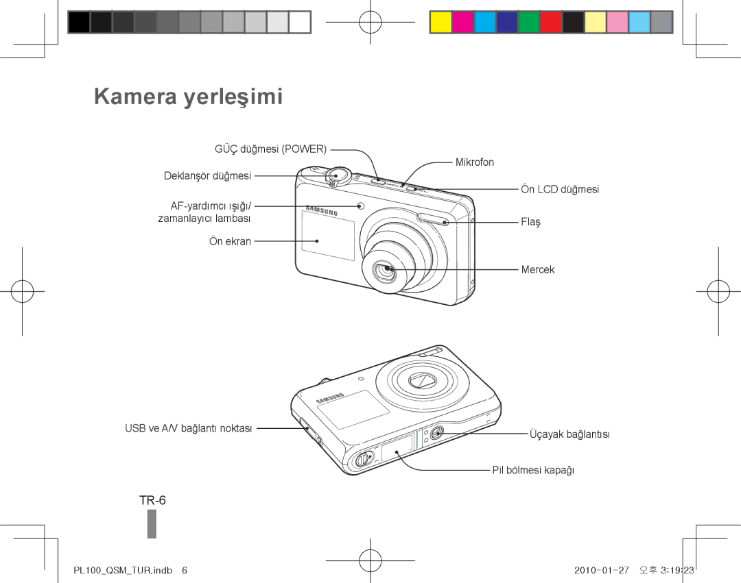 Samsung EC-PL100ZBPBDX, EC-PL101ZBDSE1, EC-PL100ZBPSE1, EC-PL100ZBPBZA, EC-PL101ZBPBE1 Kamera yerleşimi, TR-6, Flaş, Ön ekran 