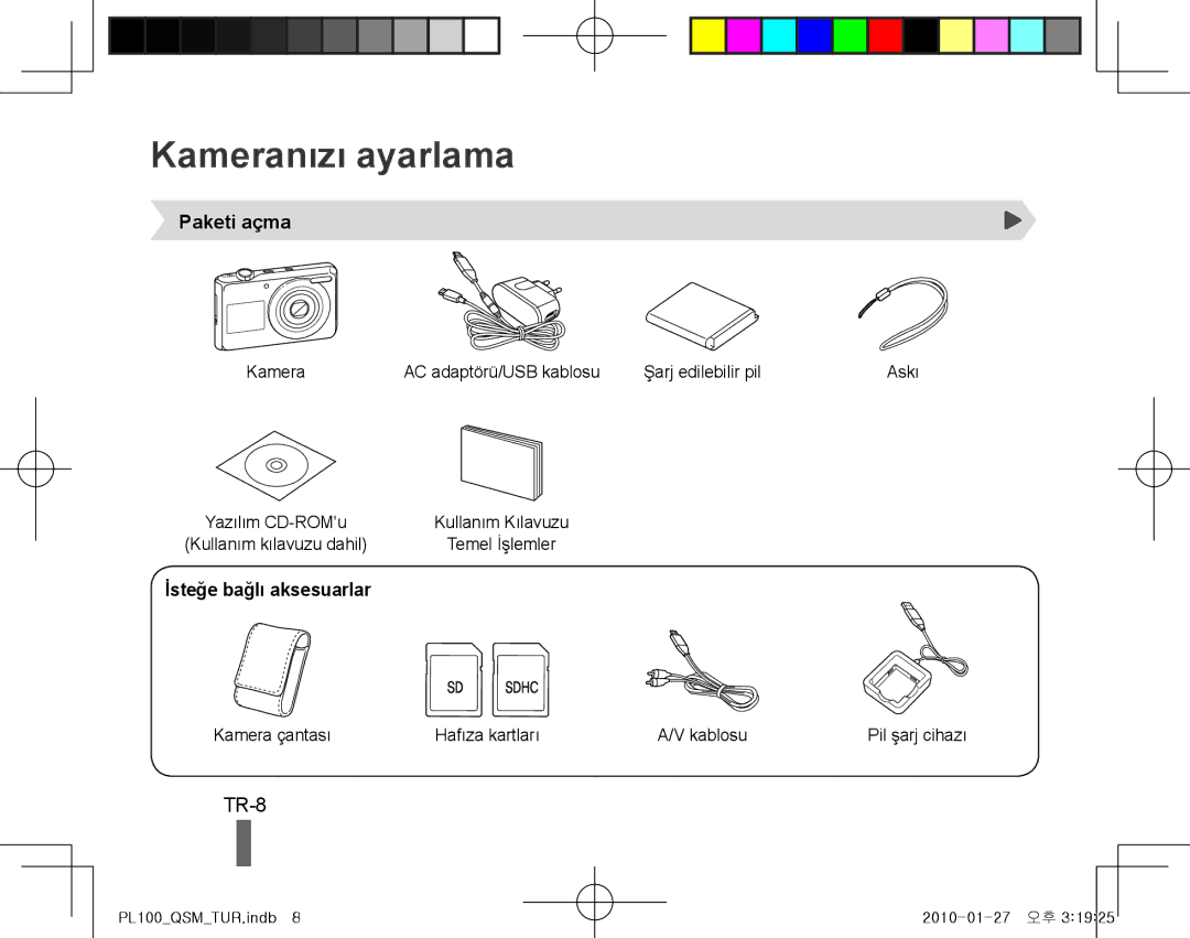 Samsung EC-PL100ZBPPZA, EC-PL101ZBDSE1, EC-PL100ZBPSE1 Kameranızı ayarlama, TR-8, Paketi açma, İsteğe bağlı aksesuarlar 