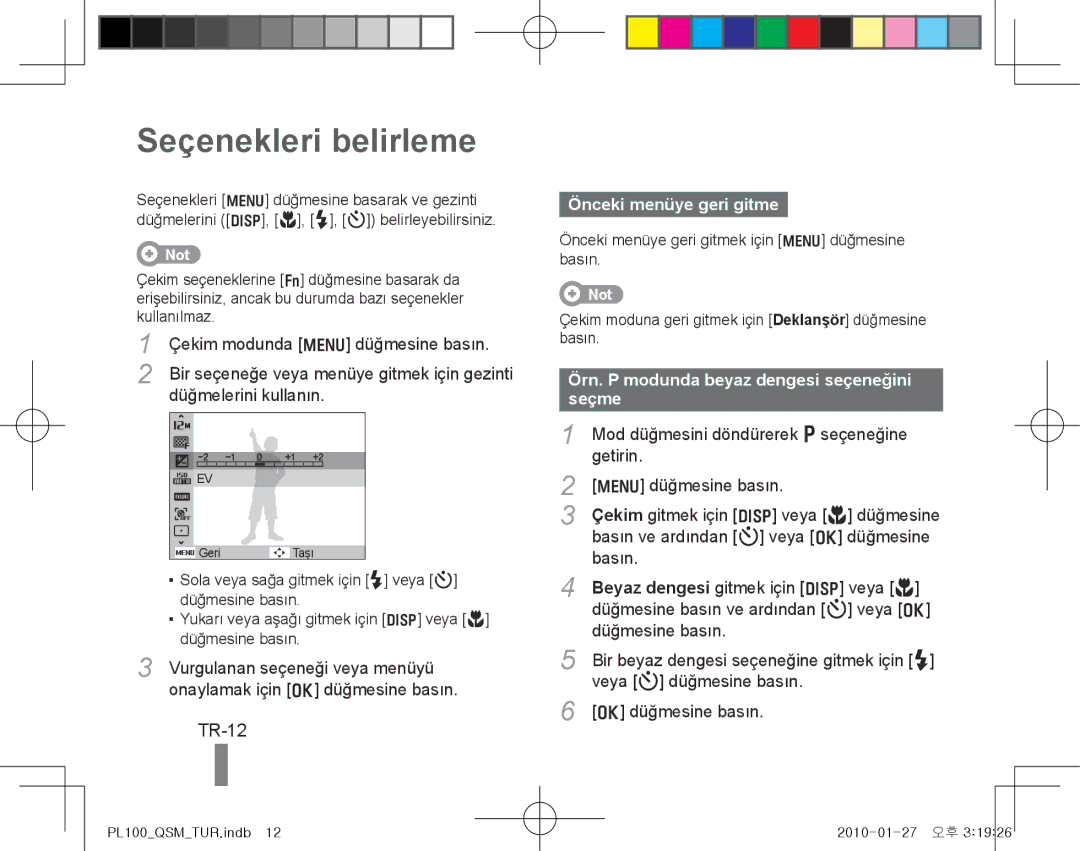 Samsung EC-PL100ZBPSZA, EC-PL101ZBDSE1, EC-PL100ZBPSE1 manual Seçenekleri belirleme, TR-12, Önceki menüye geri gitme 