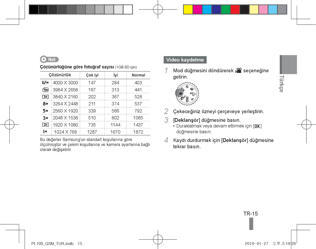 Samsung EC-PL100ZBPBDZ, EC-PL101ZBDSE1, EC-PL100ZBPSE1, EC-PL100ZBPBZA, EC-PL101ZBPBE1, EC-PL100ZBPSGB TR-15, Video kaydetme 