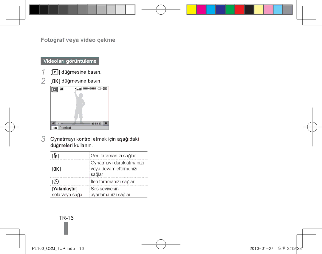 Samsung EC-PL100ZBPGDZ manual TR-16, Videoları görüntüleme, Oynatmayı kontrol etmek için aşağıdaki, Düğmeleri kullanın 