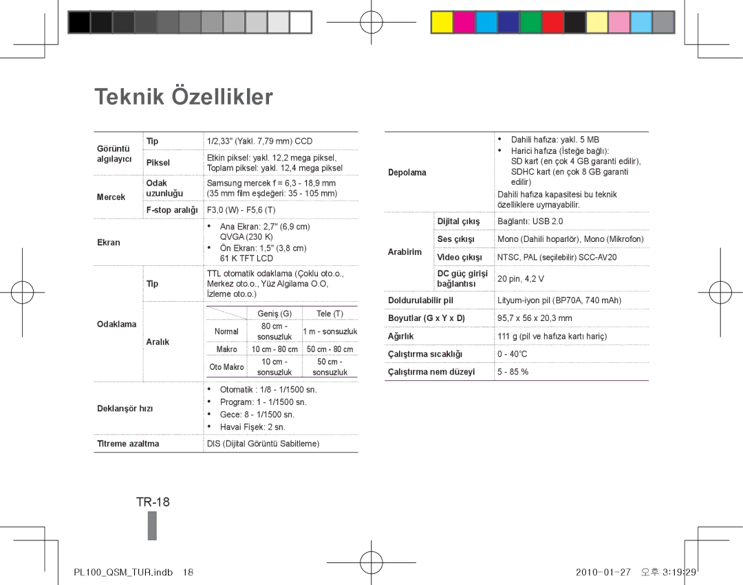 Samsung EC-PL100ZDPGIR, EC-PL101ZBDSE1, EC-PL100ZBPSE1, EC-PL100ZBPBZA, EC-PL101ZBPBE1 manual Teknik Özellikler, TR-18 