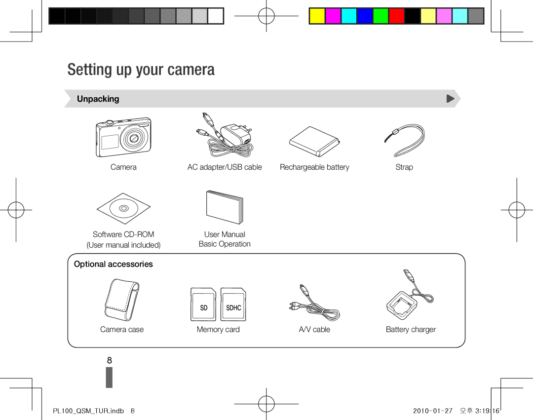 Samsung EC-PL100ZBPEE1 manual Setting up your camera, Unpacking, Optional accessories, Camera case Memory card Cable 