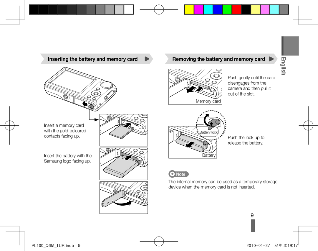 Samsung EC-PL100ZBPPIT manual Inserting the battery and memory card, Removing the battery and memory card, Battery 