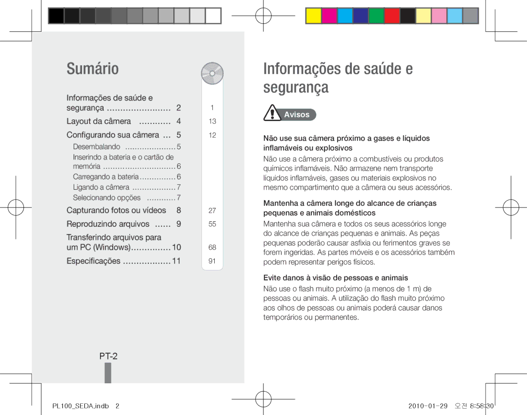 Samsung EC-PL100ZBPBZA manual Sumário, Informações de saúde e segurança, PT-2, Informações de saúde e Segurança……………………… 