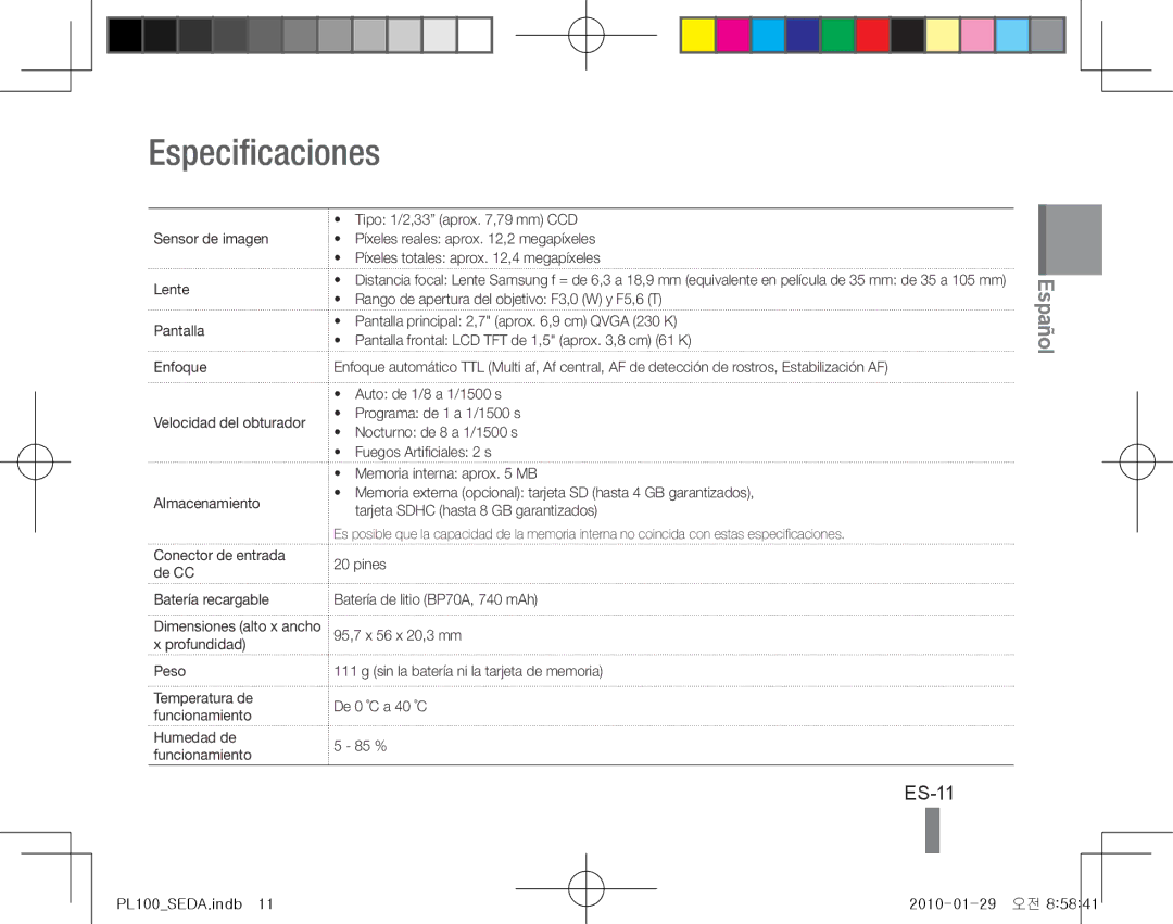 Samsung EC-PL100ZDPVIR, EC-PL101ZBDSE1, EC-PL100ZBPSE1, EC-PL100ZBPBZA, EC-PL101ZBPBE1, EC-PL100ZBPSGB Especificaciones, ES-11 