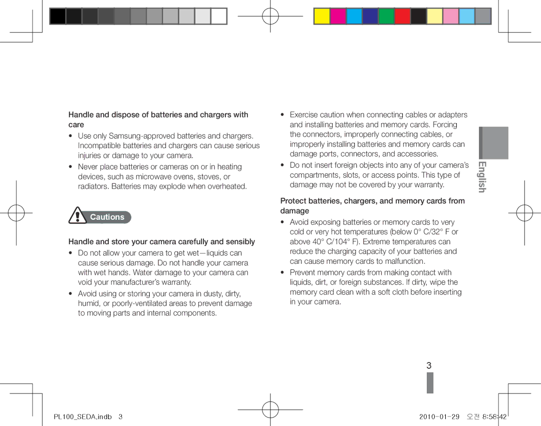 Samsung EC-PL100ZBPPSA, EC-PL101ZBDSE1, EC-PL100ZBPSE1 manual Protect batteries, chargers, and memory cards from damage 