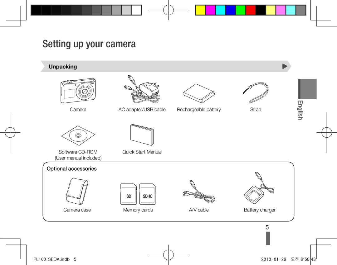 Samsung EC-PL100ZBPPDY manual Setting up your camera, Unpacking, Optional accessories, Camera case Memory cards Cable 