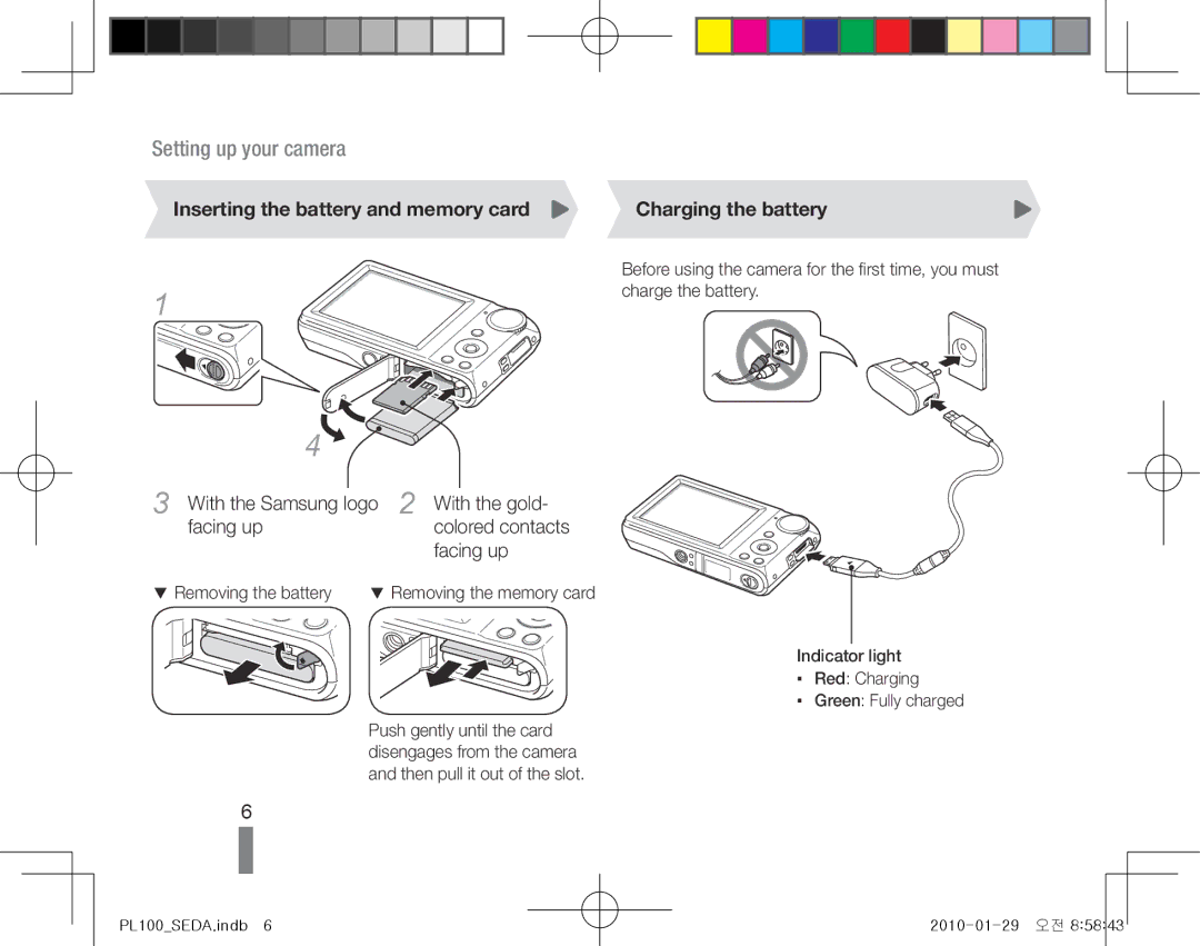 Samsung EC-PL100ZBPPZA, EC-PL101ZBDSE1 manual Inserting the battery and memory card Charging the battery, Colored contacts 