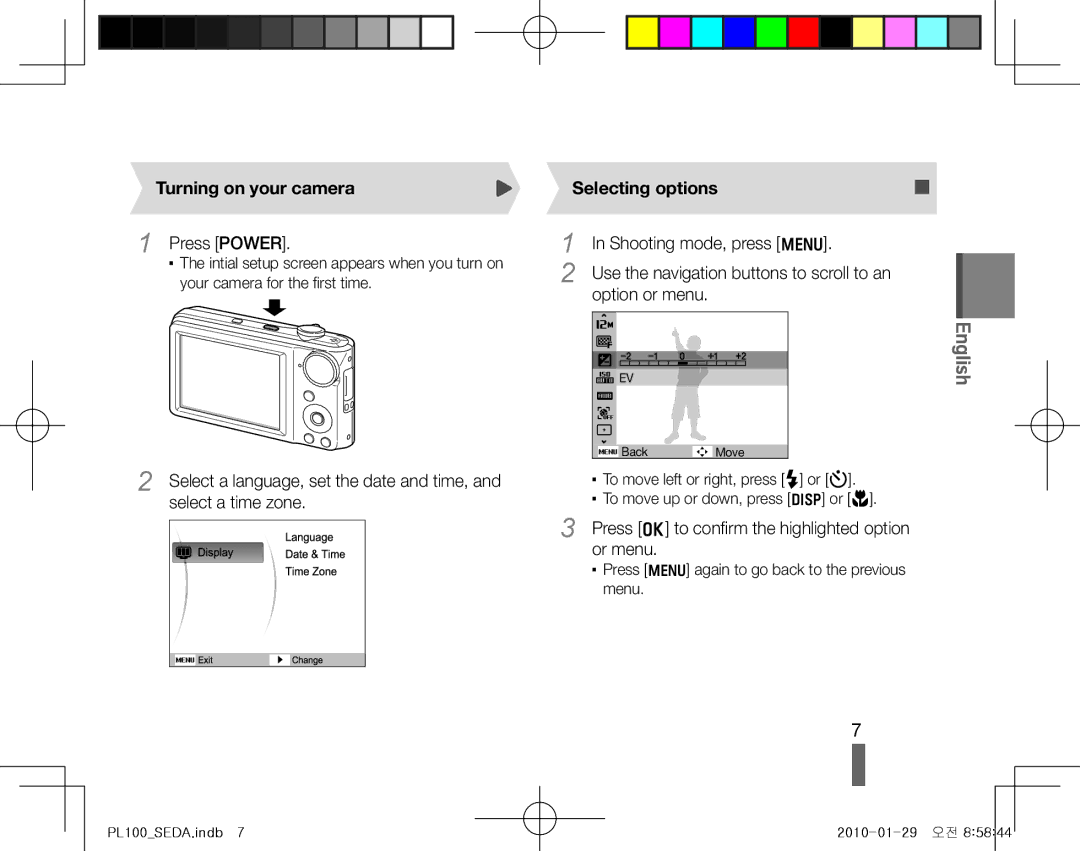 Samsung EC-PL100ZBPSDX manual Turning on your camera, Press Power, Selecting options, Shooting mode, press m, Or menu 