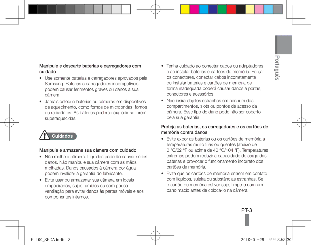 Samsung EC-PL101ZBPBE1, EC-PL101ZBDSE1, EC-PL100ZBPSE1, EC-PL100ZBPBZA, EC-PL100ZBPSGB, EC-PL100ZBPPE1 manual PT-3, Cuidados 