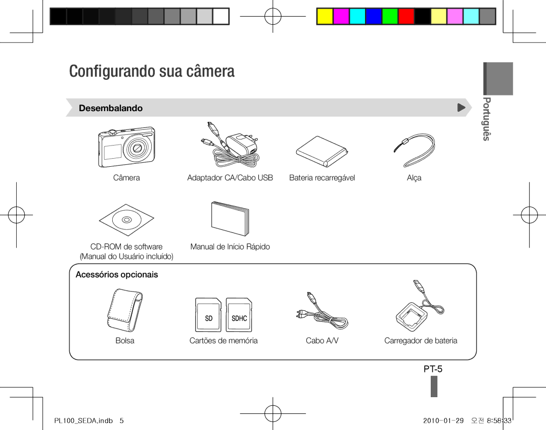 Samsung EC-PL100ZBPPE1, EC-PL101ZBDSE1, EC-PL100ZBPSE1 Configurando sua câmera, PT-5, Desembalando, Acessórios opcionais 