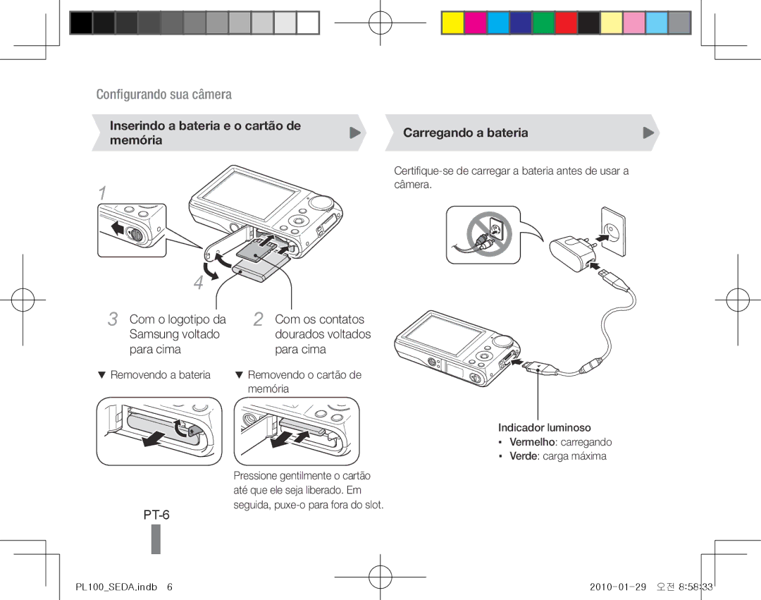 Samsung EC-PL100ZBPVE1, EC-PL101ZBDSE1, EC-PL100ZBPSE1 PT-6, Com o logotipo da Com os contatos Samsung voltado, Para cima 