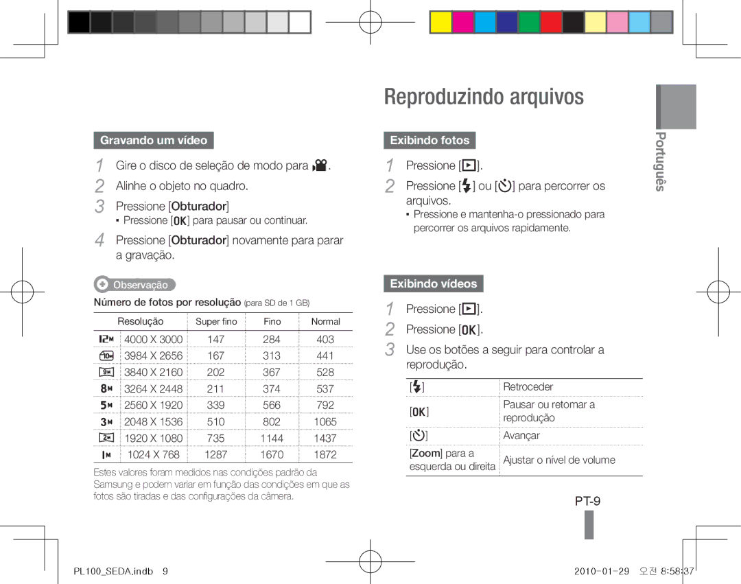 Samsung EC-PL100ZBPPIT, EC-PL101ZBDSE1 Reproduzindo arquivos, PT-9, Gravando um vídeo, Exibindo fotos, Exibindo vídeos 