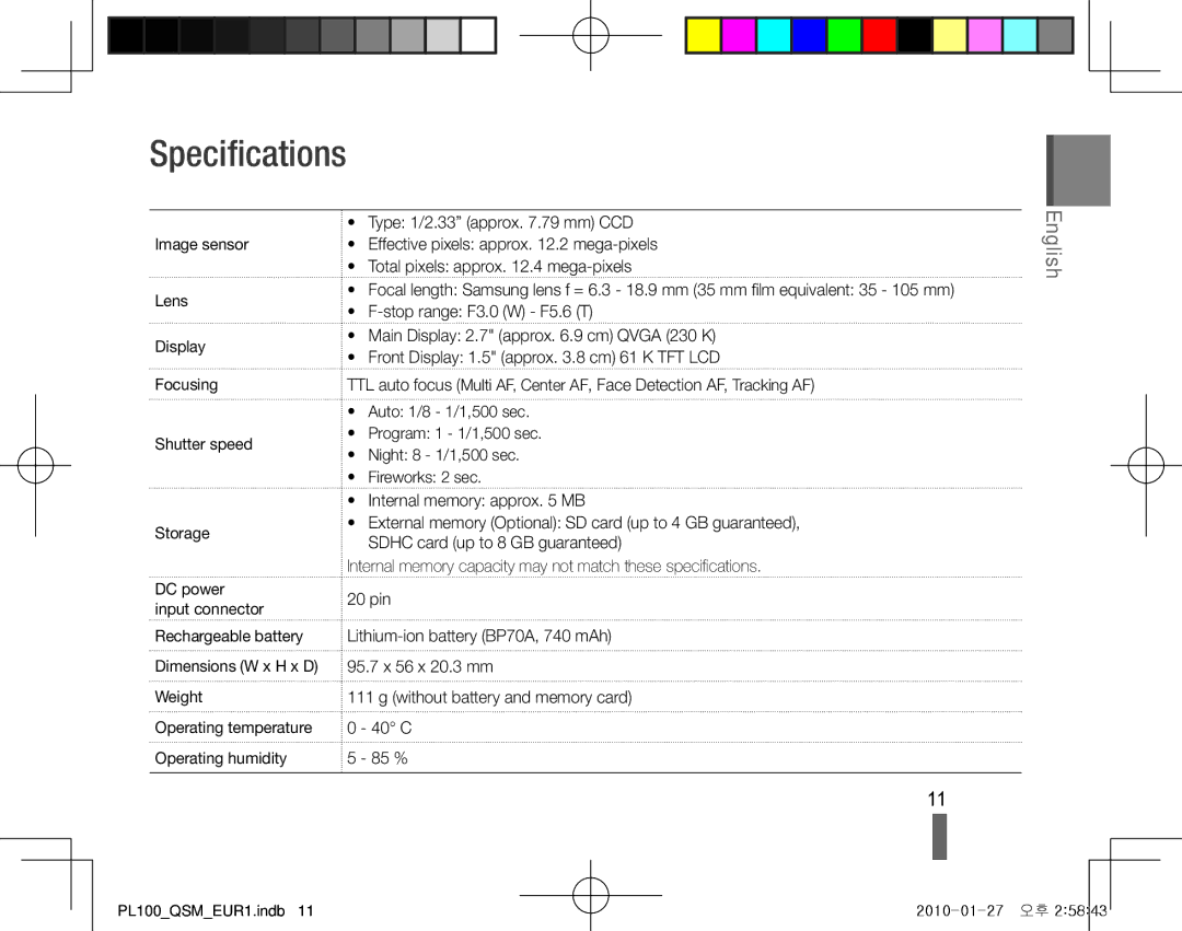 Samsung EC-PL100ZBPSIT, EC-PL101ZBDSE1 manual Specifications, Image sensor Lens Display Focusing Shutter speed Storage 