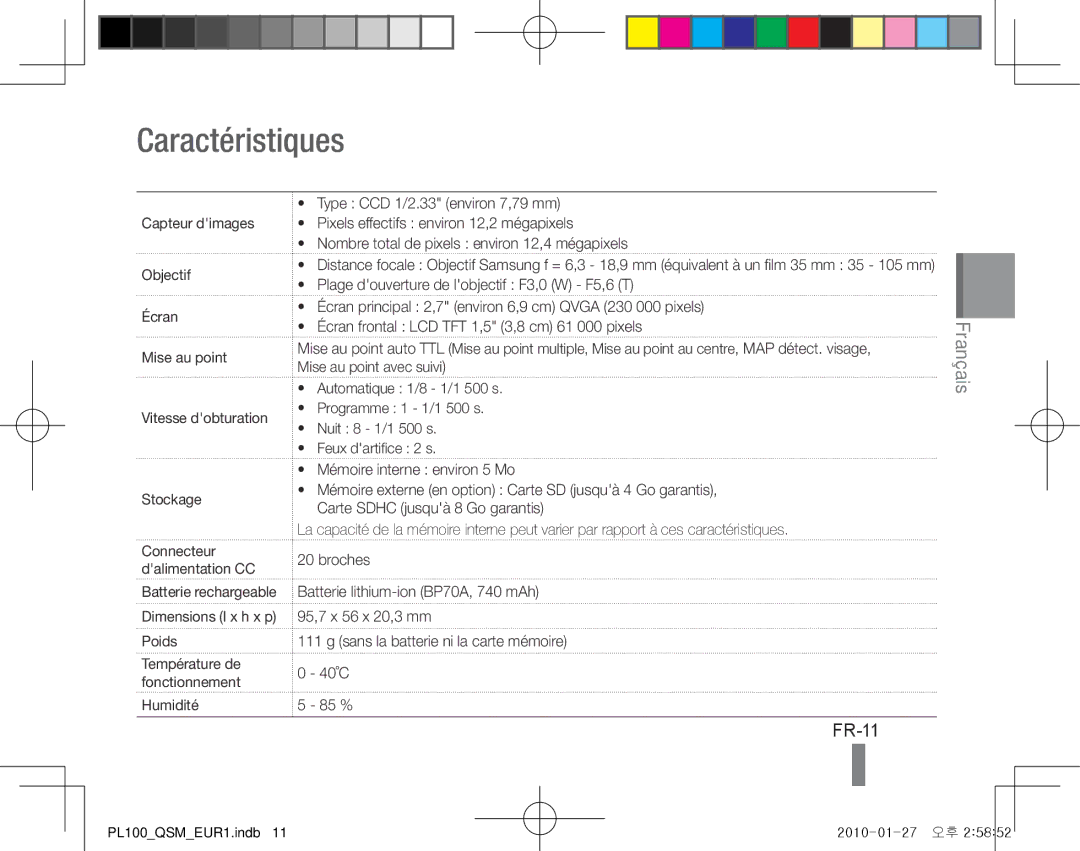 Samsung EC-PL100ZDPGME, EC-PL101ZBDSE1, EC-PL100ZBPSE1, EC-PL100ZBPBZA, EC-PL101ZBPBE1, EC-PL100ZBPSGB Caractéristiques, FR-11 