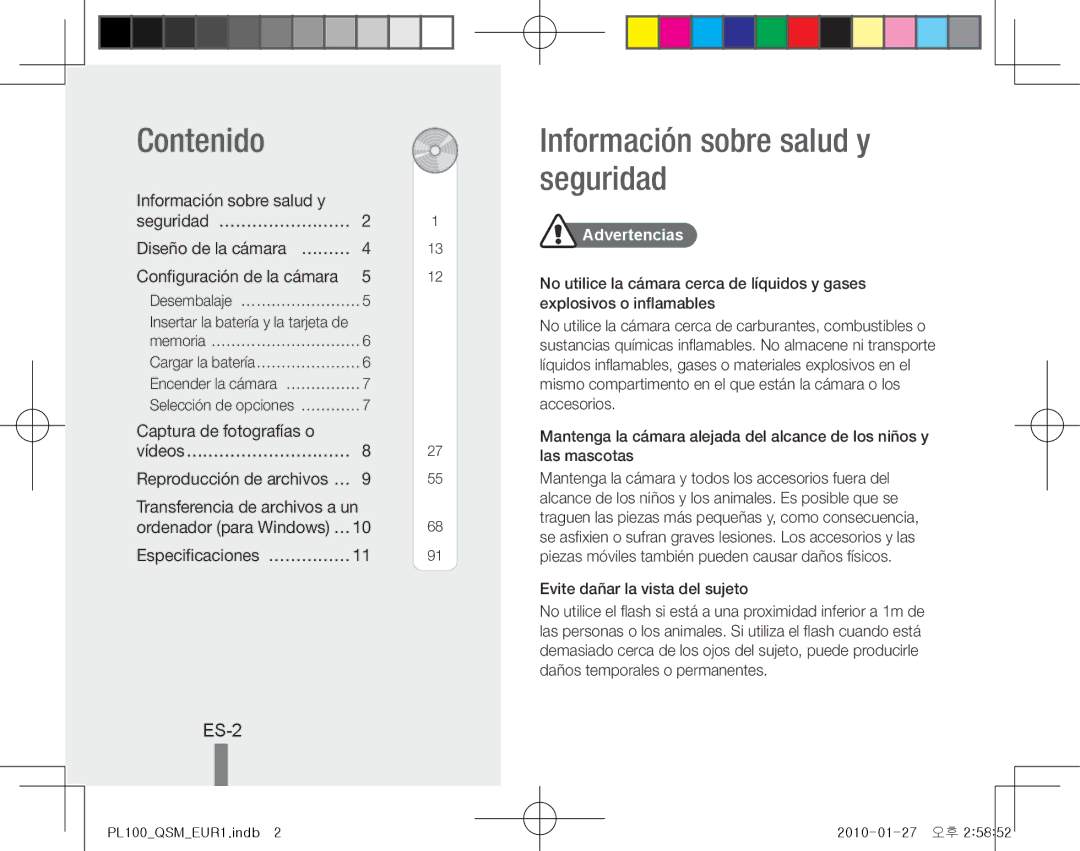 Samsung EC-PL100ZDPUME Contenido, Información sobre salud y seguridad, ES-2, Información sobre salud y Seguridad… …………………… 