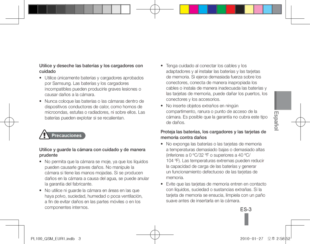 Samsung EC-PL100ZBPBDZ, EC-PL101ZBDSE1, EC-PL100ZBPSE1, EC-PL100ZBPBZA, EC-PL101ZBPBE1, EC-PL100ZBPSGB manual ES-3, Precauciones 