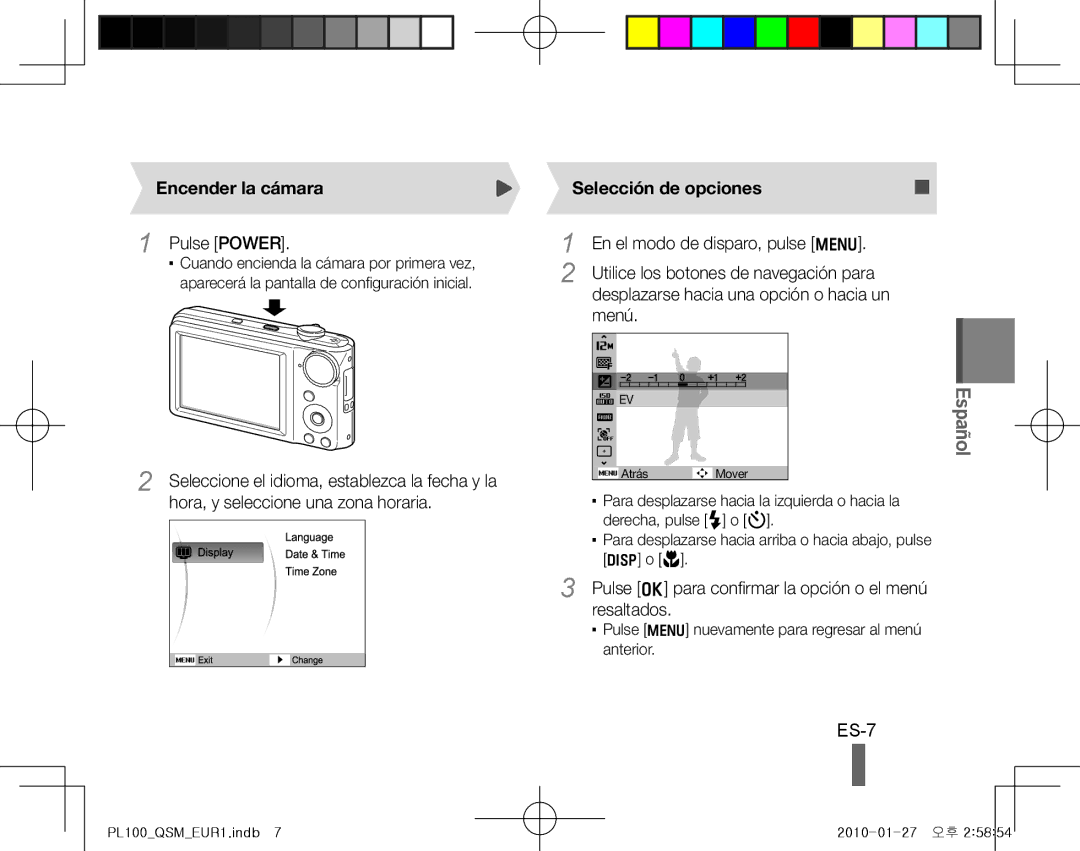 Samsung EC-PL100ZDPPIR, EC-PL101ZBDSE1, EC-PL100ZBPSE1, EC-PL100ZBPBZA manual ES-7, Encender la cámara, Selección de opciones 