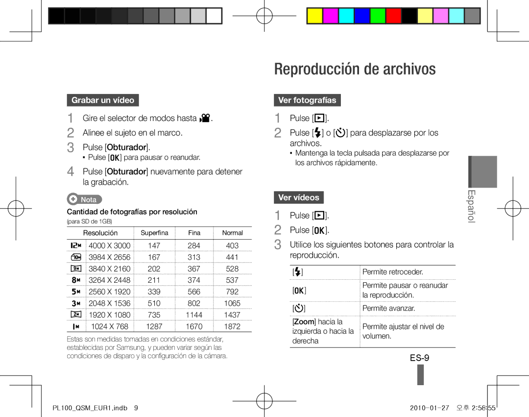 Samsung EC-PL100ZBPUSA, EC-PL101ZBDSE1 manual Reproducción de archivos, ES-9, Grabar un vídeo, Ver fotografías, Ver vídeos 