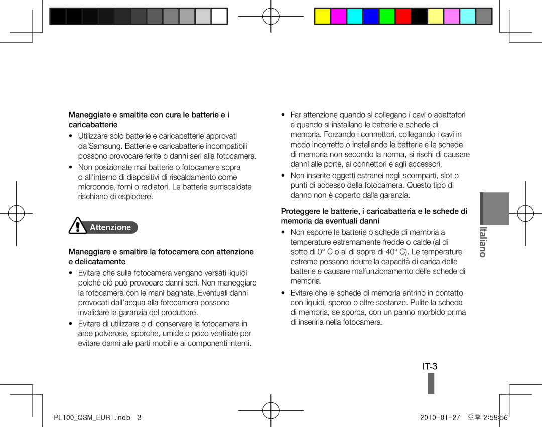 Samsung EC-PL100ZBPSSA, EC-PL101ZBDSE1, EC-PL100ZBPSE1, EC-PL100ZBPBZA, EC-PL101ZBPBE1, EC-PL100ZBPSGB manual IT-3, Attenzione 