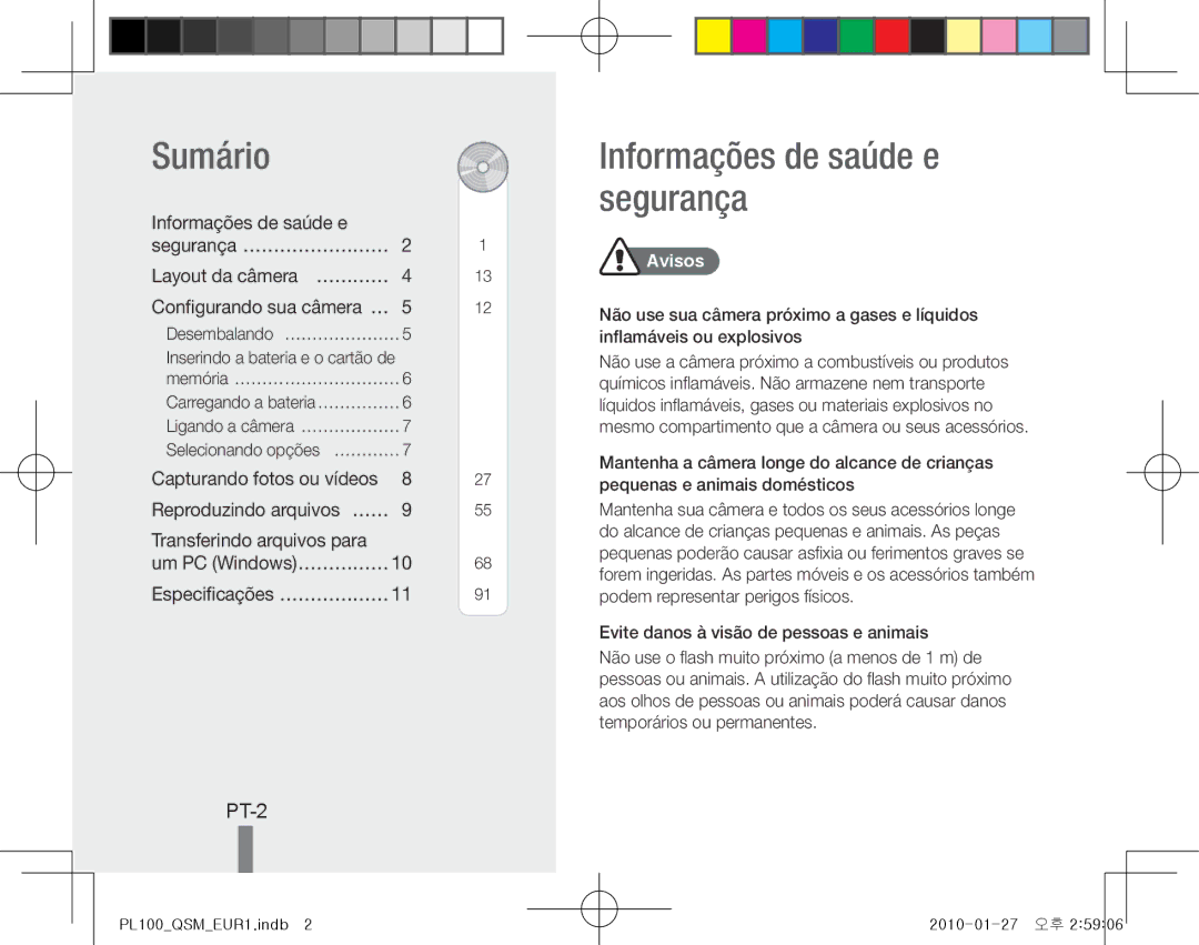 Samsung EC-PL100ZBPVRU manual Sumário, Informações de saúde e segurança, PT-2, Informações de saúde e Segurança……………………… 