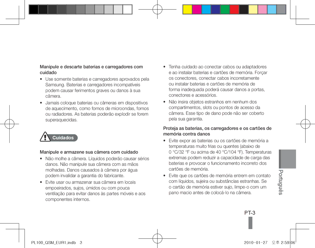 Samsung EC-PL100ZBPPE3, EC-PL101ZBDSE1, EC-PL100ZBPSE1, EC-PL100ZBPBZA, EC-PL101ZBPBE1, EC-PL100ZBPSGB manual PT-3, Cuidados 