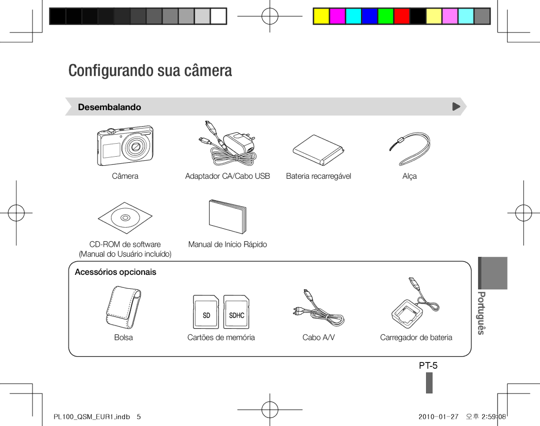 Samsung EC-PL101ZBDSE1, EC-PL100ZBPSE1, EC-PL100ZBPBZA Configurando sua câmera, PT-5, Desembalando, Acessórios opcionais 