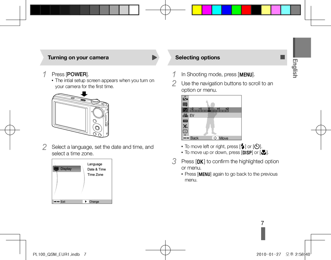 Samsung EC-PL100ZBPBGB, EC-PL101ZBDSE1, EC-PL100ZBPSE1, EC-PL100ZBPBZA manual Turning on your camera, Selecting options 