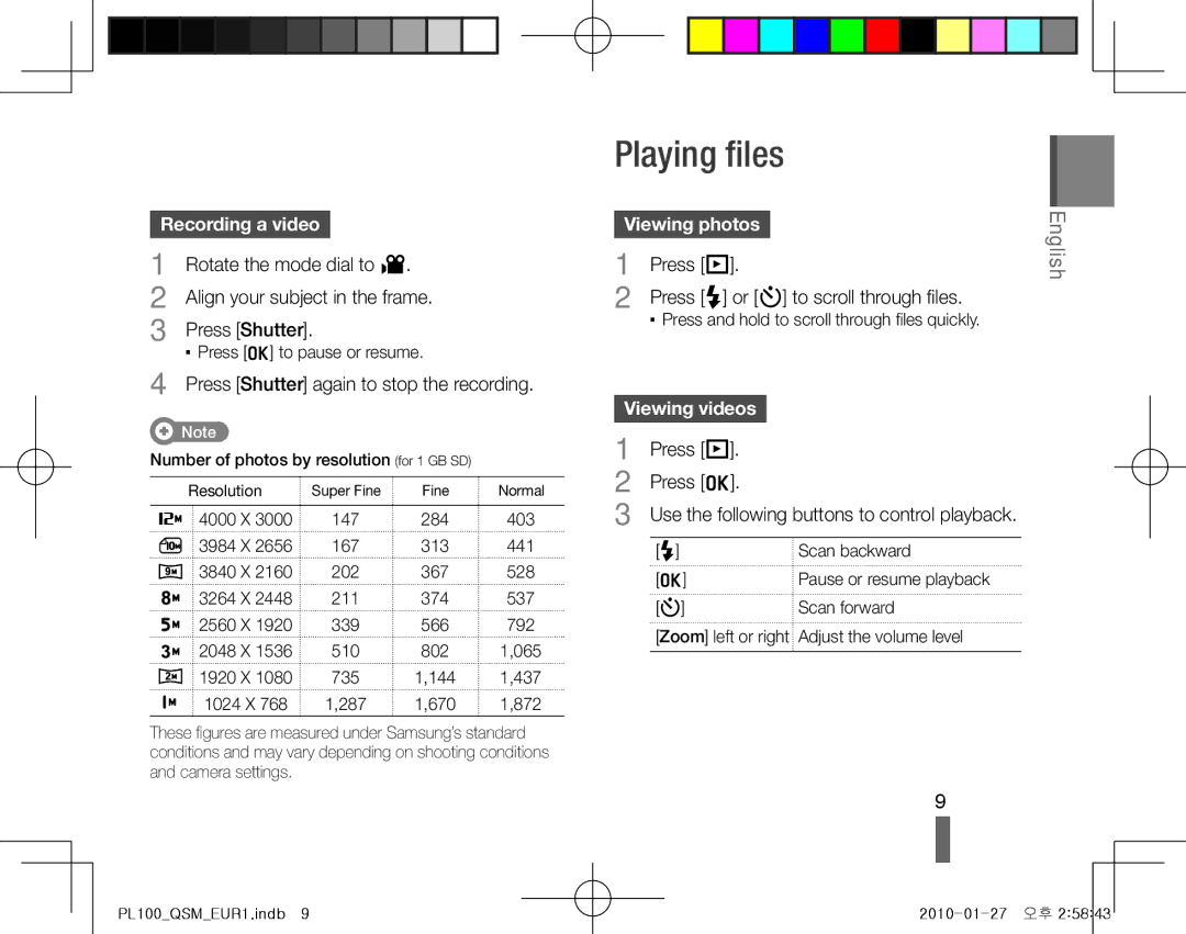 Samsung EC-PL100ZBPPIT, EC-PL101ZBDSE1, EC-PL100ZBPSE1, EC-PL100ZBPBZA manual Playing files, Recording a video, Viewing photos 