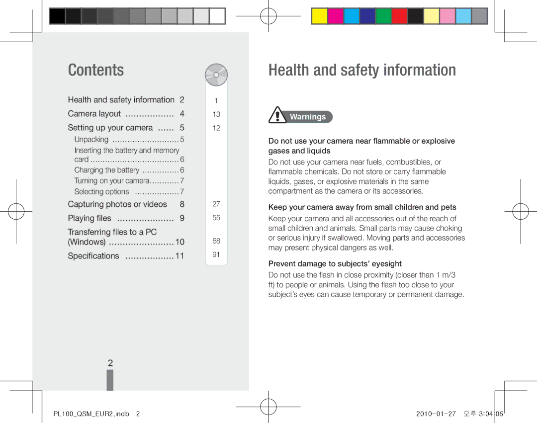 Samsung EC-PL100ZBPBZA, EC-PL101ZBDSE1, EC-PL100ZBPSE1, EC-PL101ZBPBE1 manual Contents, Health and safety information 