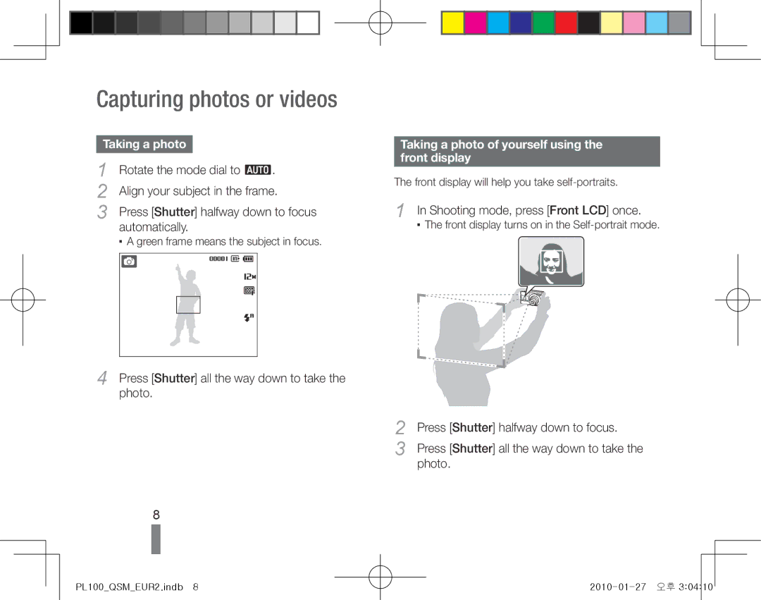 Samsung EC-PL100ZBPEE1, EC-PL101ZBDSE1 Capturing photos or videos, Taking a photo of yourself using the front display 