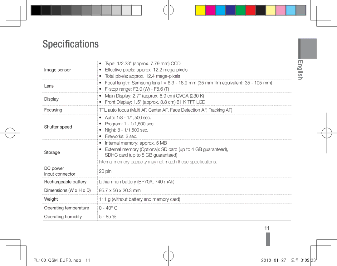 Samsung EC-PL100ZBPSIT, EC-PL101ZBDSE1 manual Specifications, Image sensor Lens Display Focusing Shutter speed Storage 