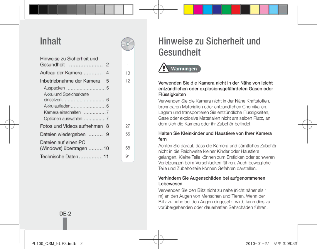 Samsung EC-PL100ZBPEIT manual Inhalt, DE-2, Hinweise zu Sicherheit und Gesundheit… …………………, Dateien auf einen PC 