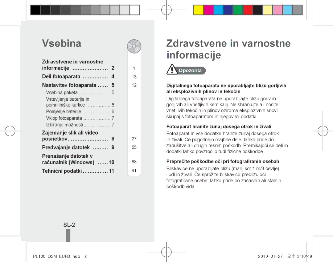 Samsung EC-PL100ZBPPRU, EC-PL101ZBDSE1, EC-PL100ZBPSE1, EC-PL100ZBPBZA Vsebina, Zdravstvene in varnostne informacije, SL-2 